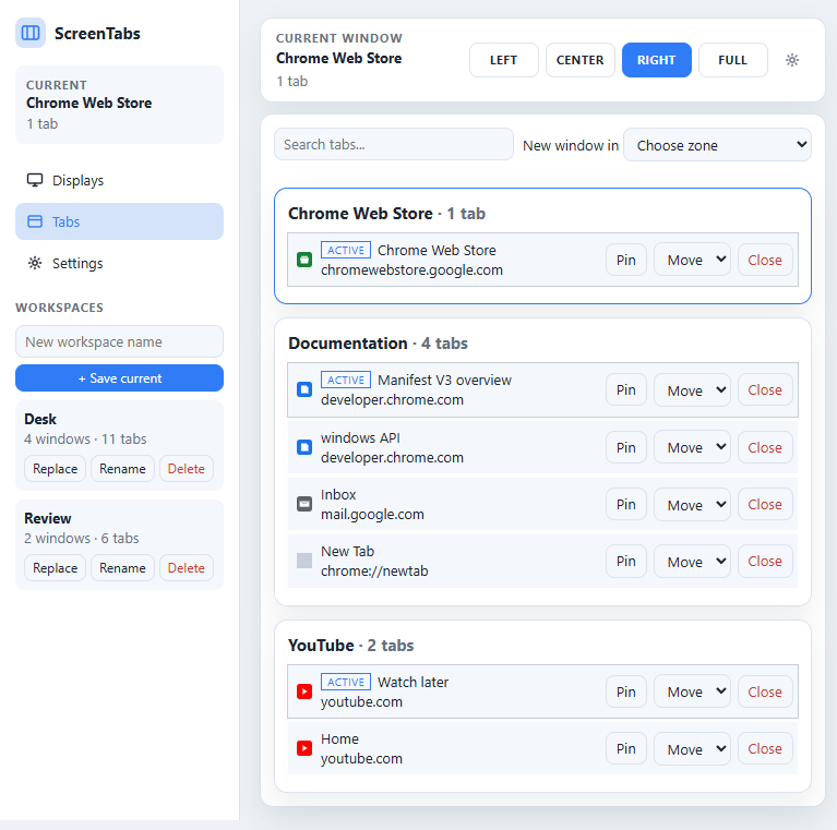 ScreenTabs Tabs view listing Chrome windows, titles, domains, and move controls next to saved workspaces